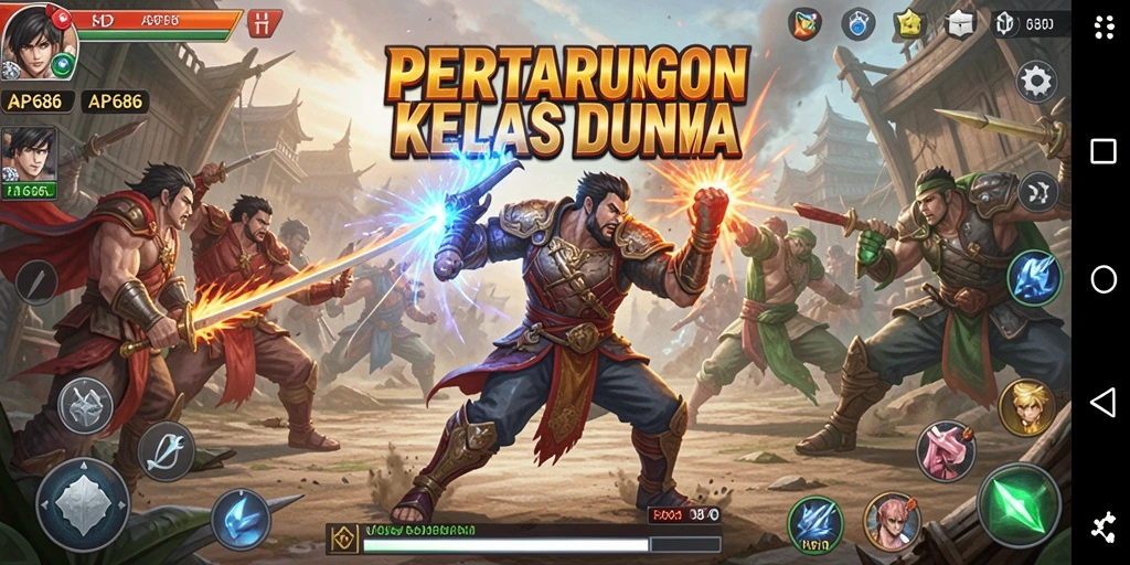 Screeshot AP686 menunjukkan pertarungan seru antara karakter dengan efek visual yang menakjubkan.
