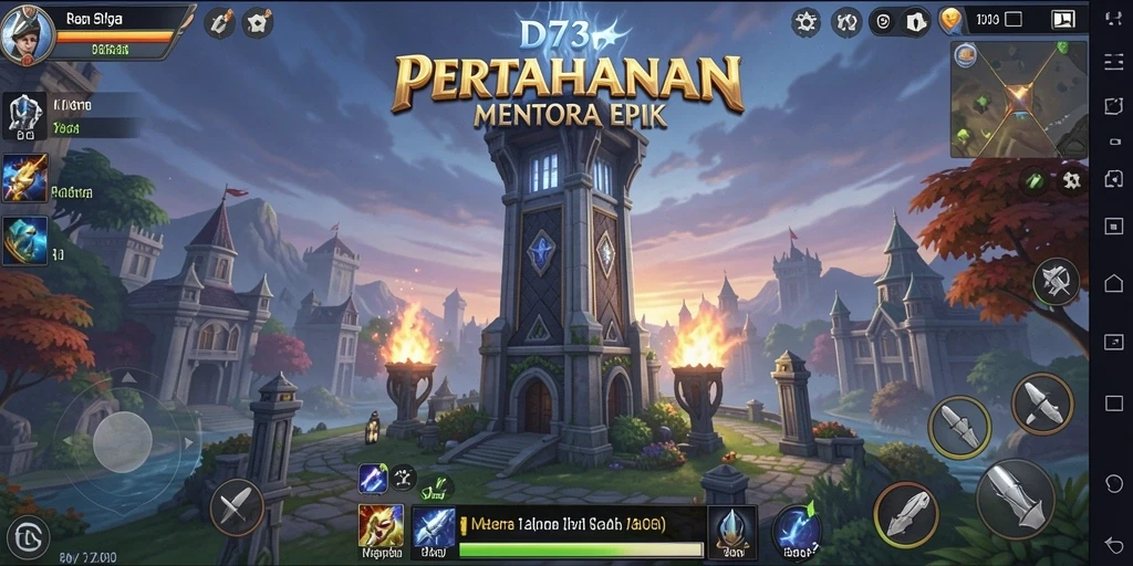 Screenshot D73 menampilkan strategi menempati menara pertahanan yang unik.