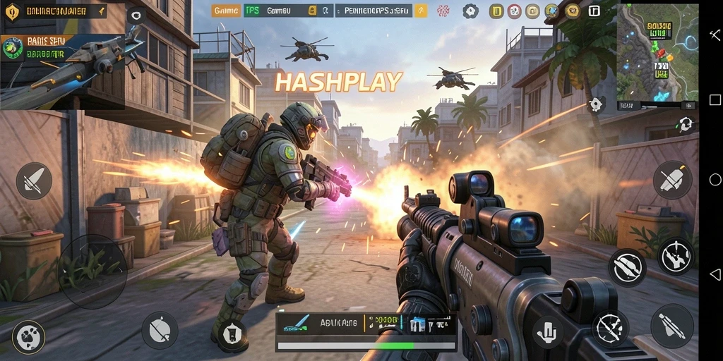 Screenshot menampilkan gameplay intens dari HASHPLAY di medan perang.
