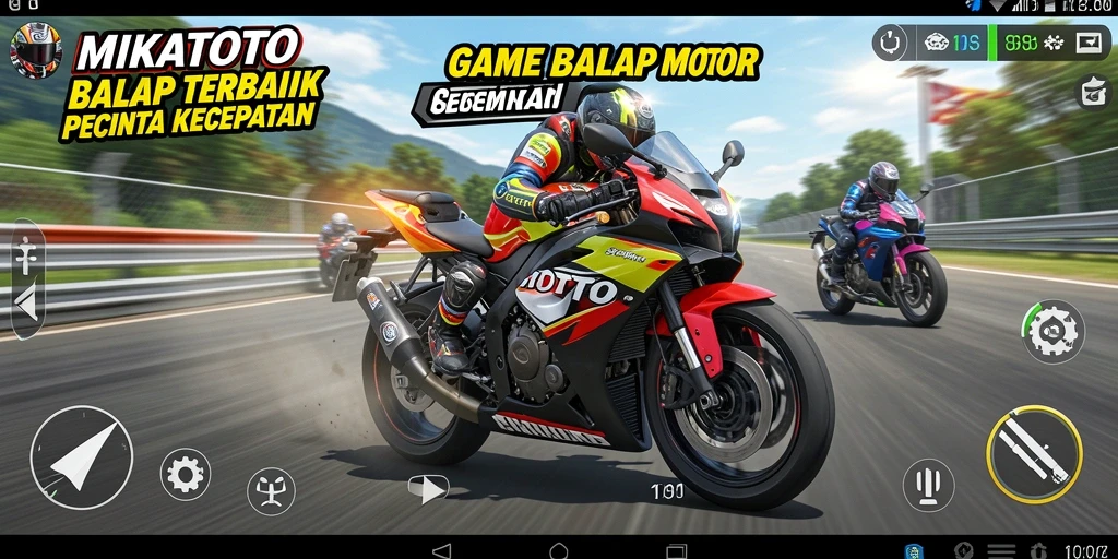 Screenshot gameplay MIKATOTO yang menunjukkan aksi balap motor yang seru.