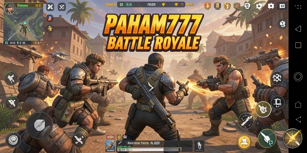 Tangkapan layar utama PAHAM777 menampilkan aksi mendebarkan di medan perang Battle Royale.