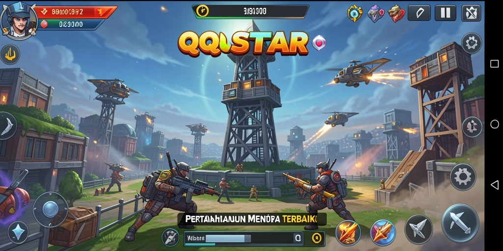 Tampilan gameplay QQSTAR yang intens dengan menara dan musuh yang beragam.